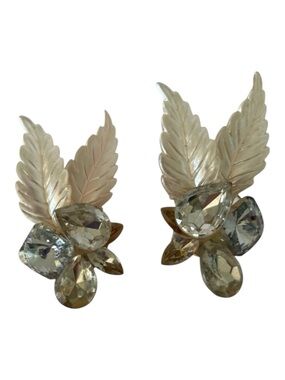 Vintage 80’s Clip-On Earrings Feather Leaf Design Rhinestone Crystal Accents